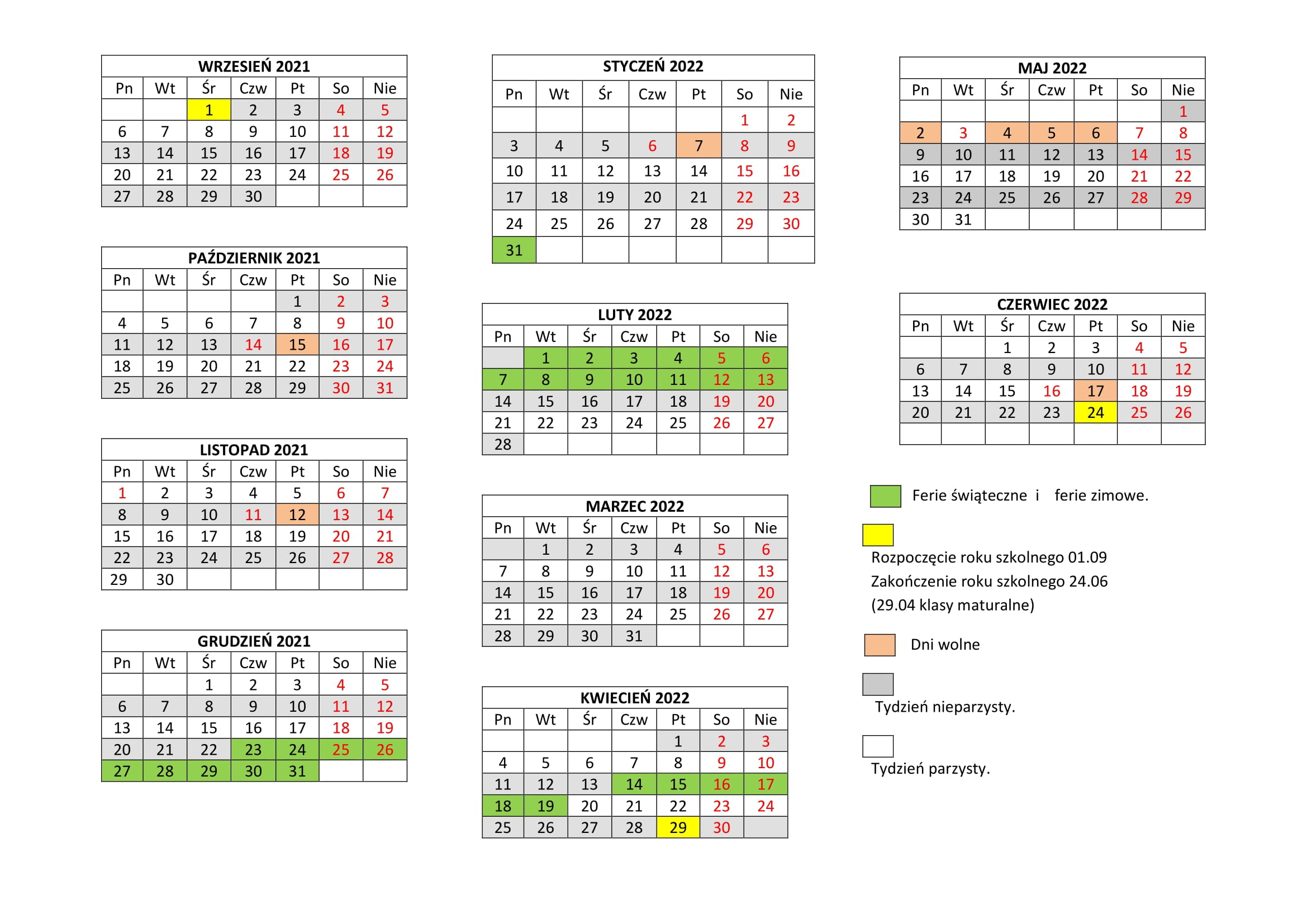 kalendarz roku szkolnego 2021 22